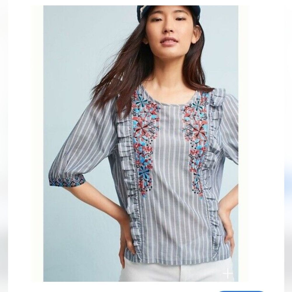 Anthropologie One September Embroidered Ruffle Mixed Media Top Size Medi…